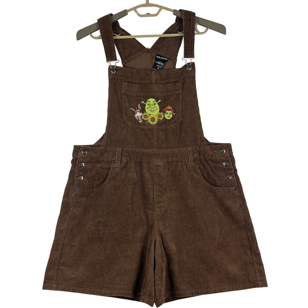 Hot topic XL her universe shrek brown corduroy short overalls embroidered shrek